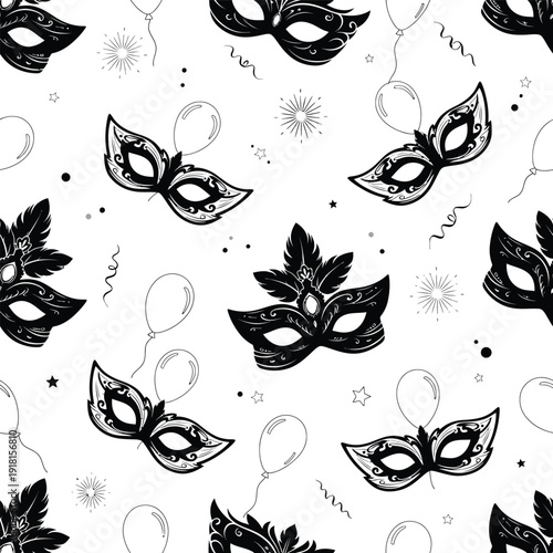 Masquerade masks and balloons pattern on white background