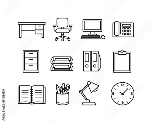Public administration office environment in linear style: office desk, swivel chair, desktop computer, desk phone, filing cabinet, document tray