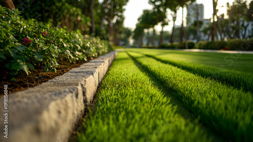 A close-up view of a commercial lawn with healthy green grass and visible parallel mowing lines, free of weeds or debris, bordered by stone edging and clean mulch beds, soft early afternoon light