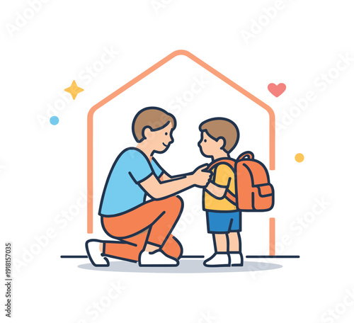 Everyday family support shown through routine preparation before leaving home, an adult helping a child put on a backpack next to a simple door shape