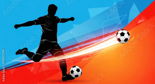 Soccer player kicks two balls in motion with dynamic background