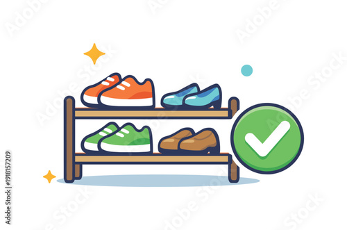 Everyday routine of keeping shoes organized to maintain order and reduce stress when leaving home, a shoe rack paired with a checkmark icon