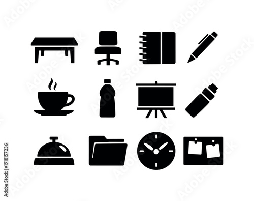 Marketing campaign coordination meeting items in silhouette style: meeting table, chair, notebook, pen, coffee cup, water bottle, presentation board
