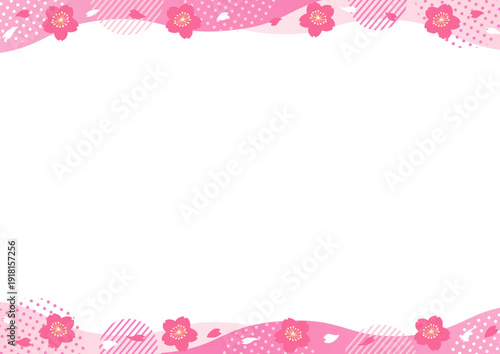 桜とドットやストライプの丸い幾何学模様と波型の上下のフレーム_ピンク