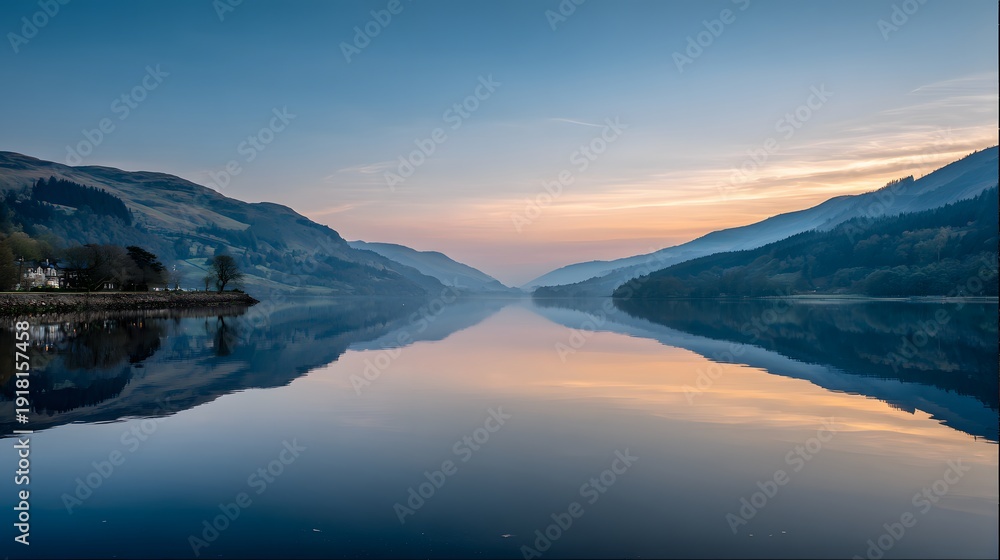 Fototapeta premium Serene Scottish Loch Reflection at Dawn with Majestic Mountains and Calm Waters.