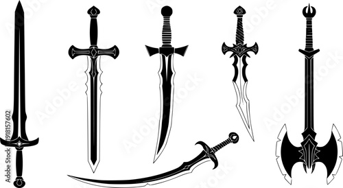 Medieval sword and fantasy weapon collection, knightly blade and warrior combat equipment vector illustration.