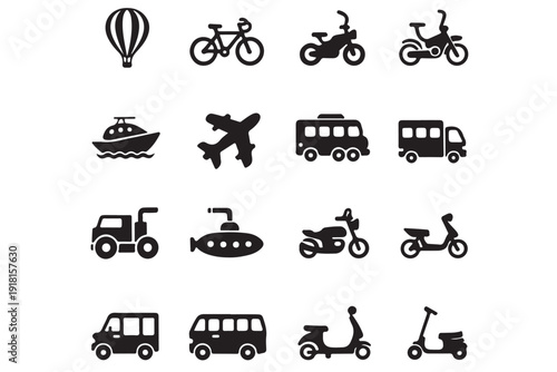 Collection of various black silhouette icons representing different modes of transportation and travel methods