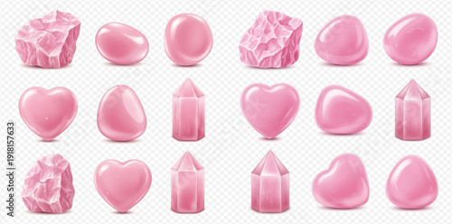 Set of pink quartz gemstones in various shapes including raw, polished, and heart-shaped crystals.