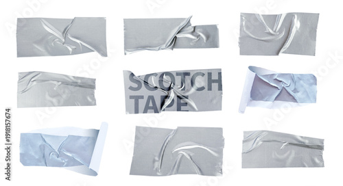 Set of silver adhesive tape pieces with realistic texture and detailed wrinkles. Crumpled, torn sticky strips with grey metallic shine. Plastic tape vector isolated on white background for design use.