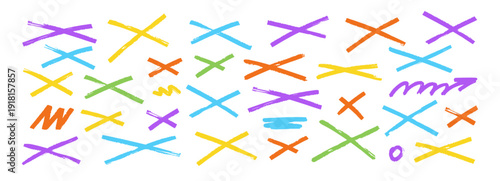  Grunge cross symbol with handwritten brush texture. Rough X mark drawn with ink strokes, perfect for striking through text. Color Vector illustration.