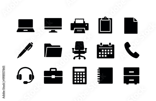 Professional Solutions in silhouette style: laptop, desktop computer, printer, clipboard, document, pen, folder, office chair, calendar, telephone