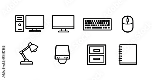 Media operations office setup in linear style: desktop computer, monitor, keyboard, mouse, desk lamp, external hard drive, filing cabinet, notebook