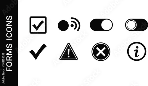 Set of black solid forms icons featuring check boxes toggle switches radio buttons warning triangles error marks and information symbols for interface