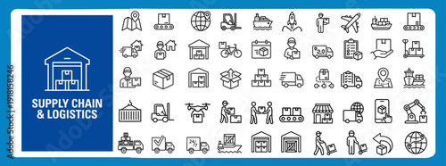 Supply Chain and Logistics Outline Vector Icons Set — Delivery, Warehouse and Transportation System Line Icons for Web and App UI