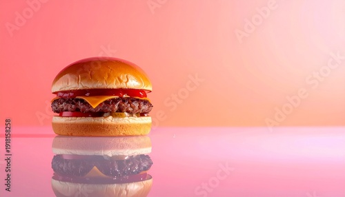 Delicious Classic Cheeseburger on a Vibrant Pink Reflective Surface, Studio Food Photography