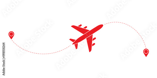 Airplane route on map vector illustration, aircraft flying between two destinations with dotted flight path, ideal for travel agency promotions, tourism marketing, airline booking apps, global journey
