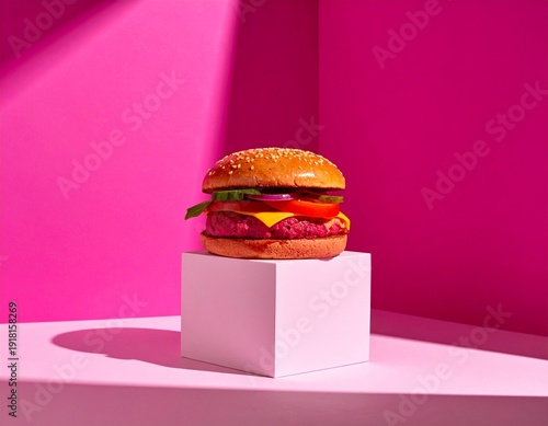 Bright Pink Studio Shot of a Colorful Burger on a White Cube