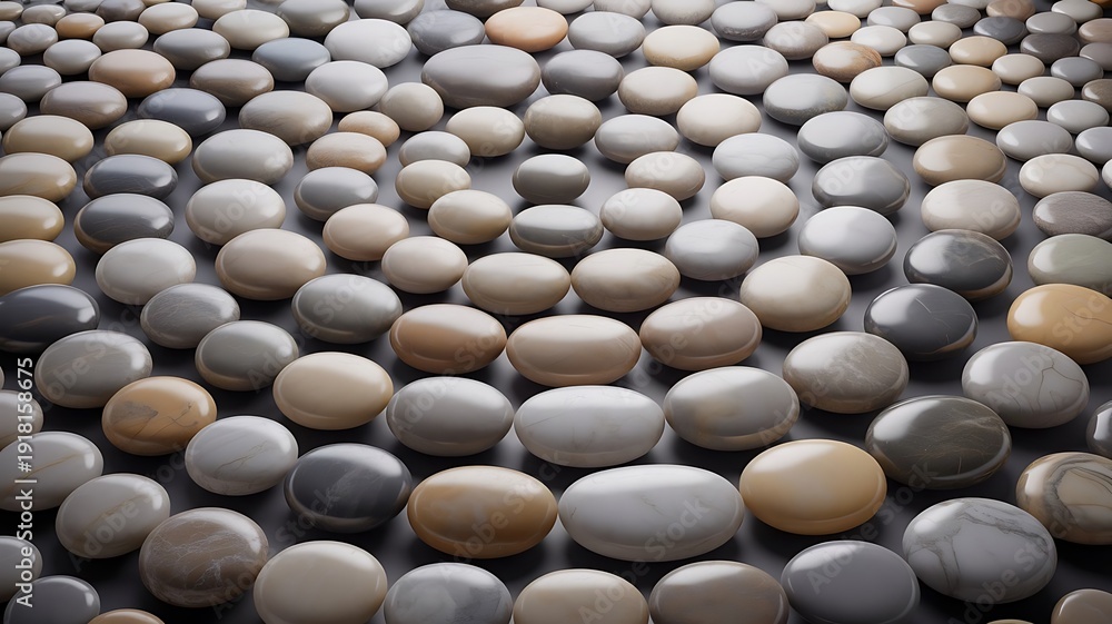 Fototapeta premium Smooth, Polished River Stones Arranged in a Repeating Pattern Background