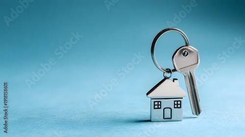 House Key with Miniature Home Keychain on Blue Background.