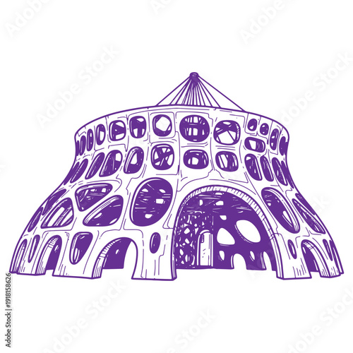 Futuristic organic dome structure with intricate porous walls and arched openings depicted in a handdrawn purple outline style