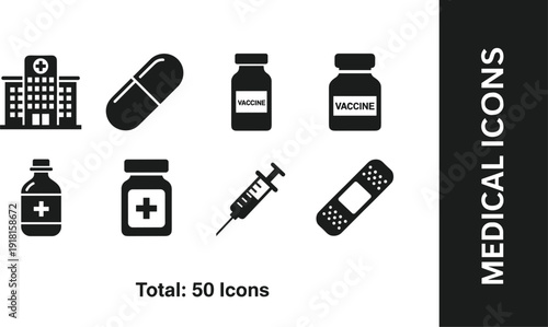 Set of black solid medical icons featuring hospital building pills vaccine vials medicine bottles syringe and adhesive bandages for healthcare design projects
