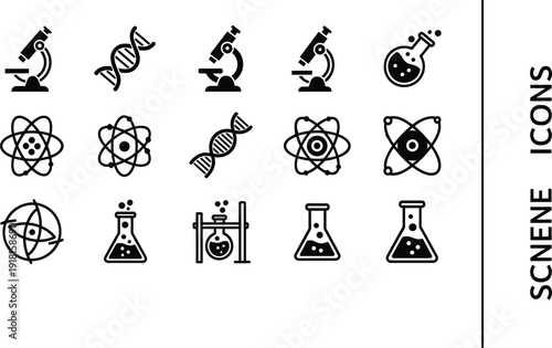 Set of black solid science icons featuring microscopes dna helix strands atoms laboratory flasks and beakers for scientific research and education
