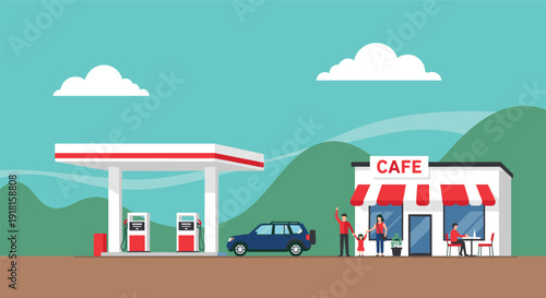 Roadside gas station and café scene with SUV, family travelers, green hills, bright sky - flavector