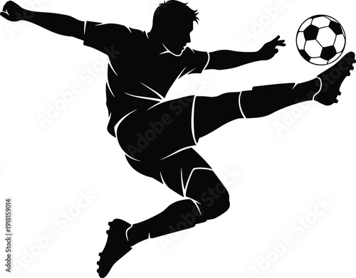 Soccer football player silhouette kicking ball action sport athlete dynamic black vector illustration, flavector