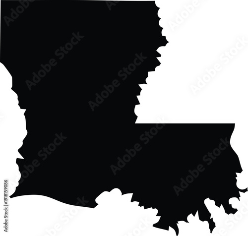 Solid black silhouette of the state of Louisiana on a clean white background for Keywords