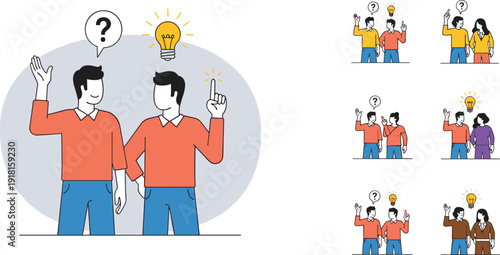 Team brainstorming and idea discussion illustration, people thinking problem solving concept, creative teamwork vector design