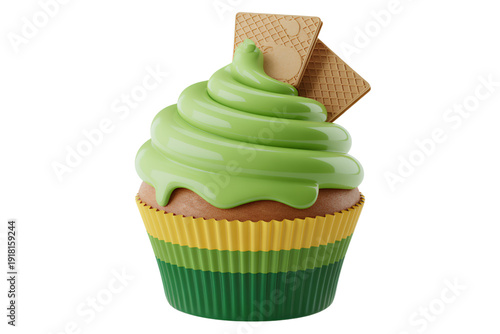 A delightful green frosted cupcake topped with a cute chocolate bear. isolated on transparent background