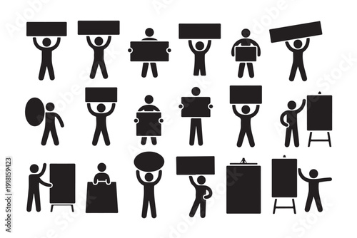 Silhouettes of people holding various size signs placards and display boards for presentation protest or message sharing purposes