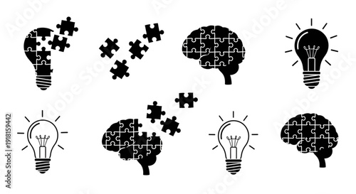 Puzzle brain and light bulb icons for problem solving and ideas