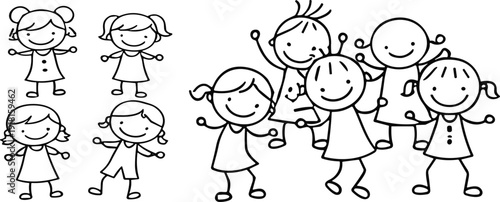 Cute stick figure kids doodle collection happy children cartoon outline vector illustration isolated design set