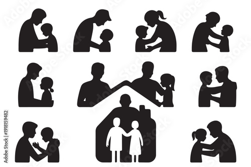 Silhouettes depicting nurturing family relationships showing fathers mothers and children in tender moments