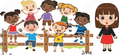 Diverse Happy Children Playing Together Outdoor with Cute School Girl Character Cartoon Vector Illustration Set