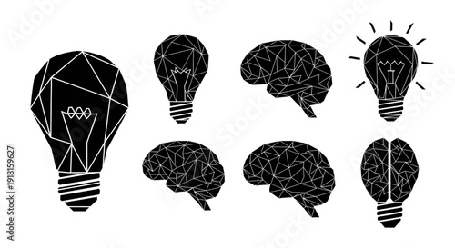 Geometric brain and light bulb vector icons representing innovative thinking