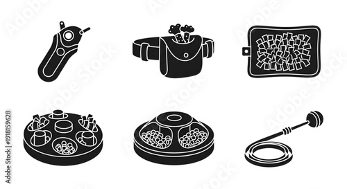 Pet training and interactive dog enrichment toy flat black icons