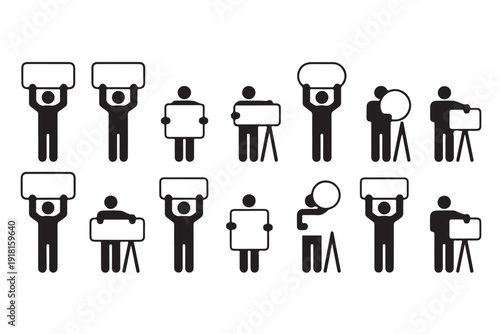 Stick figures holding blank signs or placards ready for text message display during protest or presentation