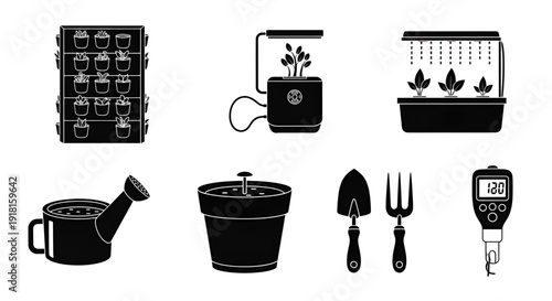 Smart indoor gardening and hydroponic system flat vector icon pack
