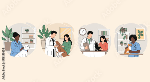 Veterinary clinic scenes illustration with vets examining pets animal healthcare consultation flat vector collection
