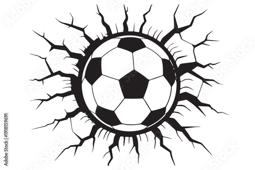 Soccer ball bursting through cracked surface symbolizing powerful shot impact or epic sports energy graphic