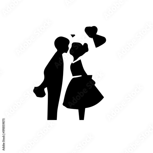 A romantic silhouette of a young couple sharing a sweet kiss, surrounded by love hearts. This black and white stencil art captures a timeless moment of affection and joy. 