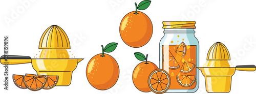 Fresh Orange Juice Preparation Set with Citrus Fruits Juicer and Glass Jar Vector Illustration