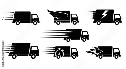 Fast delivery truck silhouette icons set representing express service