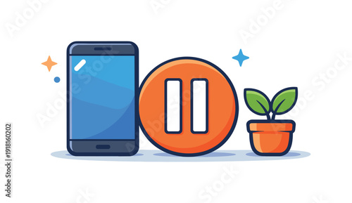Healthy digital boundaries and focused screen use for balanced modern routines, a smartphone placed beside a pause symbol and a small plant