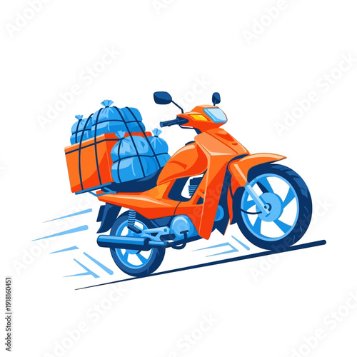 Orange scooter with blue cargo speeding fast for rapid delivery service
