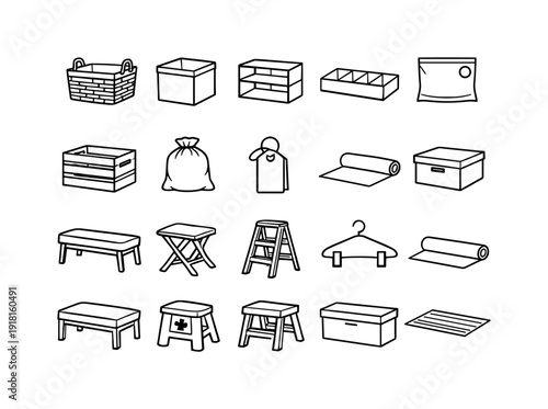 Home linen storage items: storage basket, fabric bin, shelf organizer, drawer divider, vacuum bag, storage crate, linen bag, label tag, shelf liner