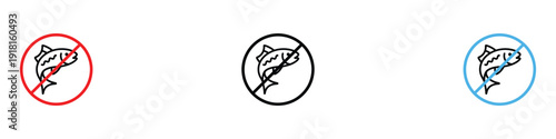 No fishing sign and prohibition icon vector set. Crossed out fish symbol for environmental protection, private property, and restricted water areas. Vector Illustration.
