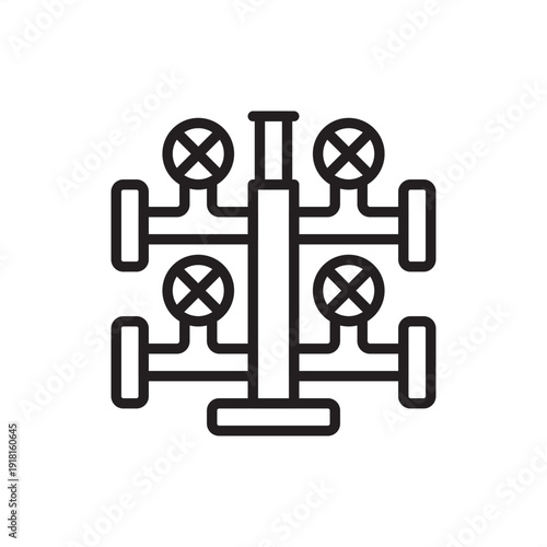 Steam manifold icon. Thermal power distribution, representing high-pressure boiler headers, industrial steam valves, heating system hardware, energy utility infrastructure, and mechanical engineering.